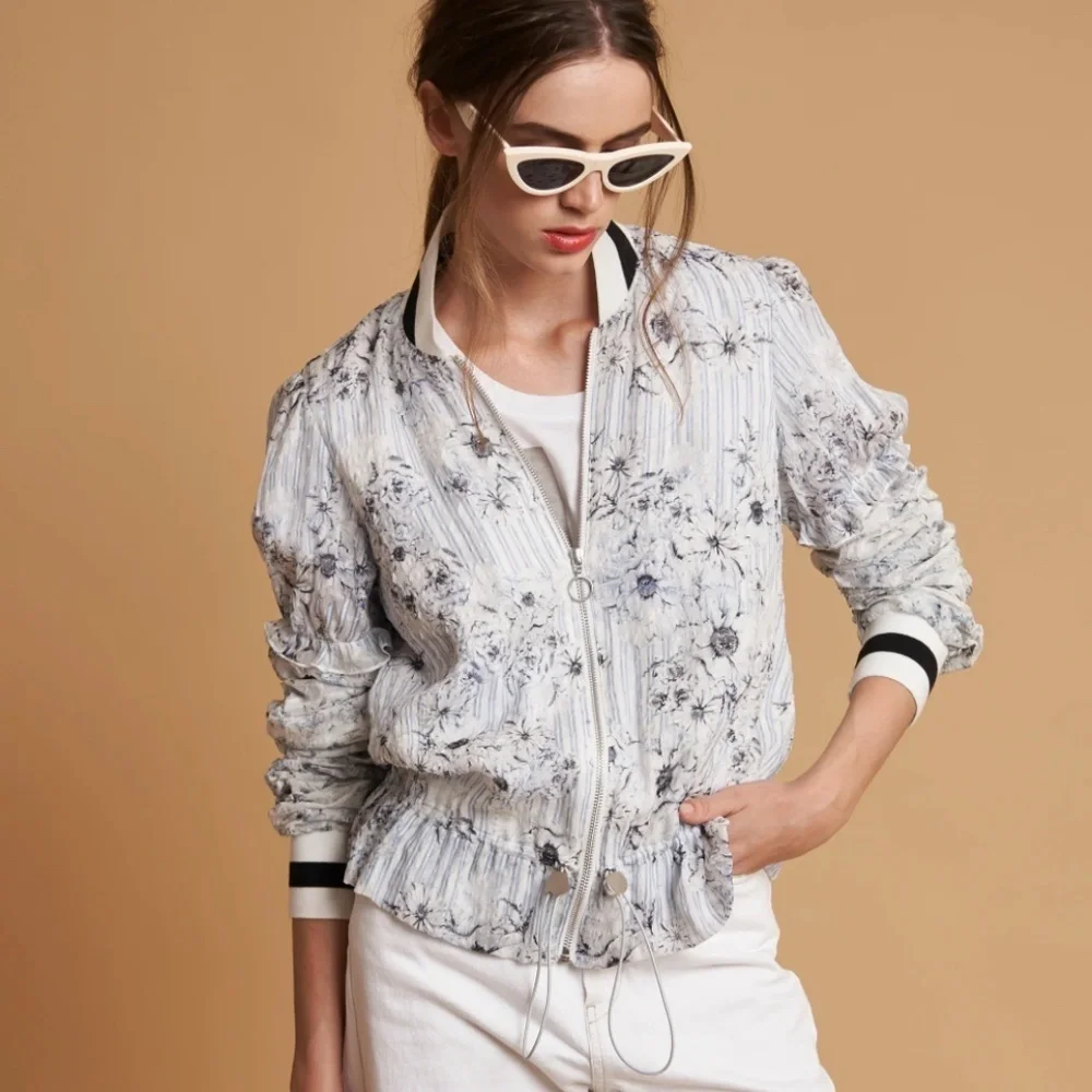Chelsea And Walker Tamara Silk Bomber Jacket Gathered Sleeves White Blue Print